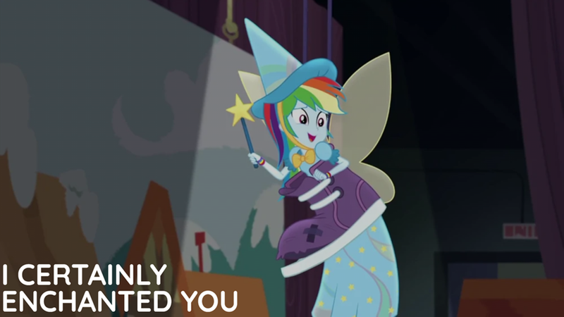 Size: 2000x1125 | Tagged: safe, derpibooru import, edit, edited screencap, editor:quoterific, screencap, rainbow dash, equestria girls, equestria girls series, opening night, fairy bootmother, image, png, solo