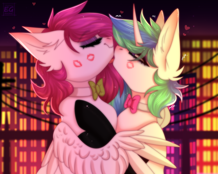 Size: 2700x2160 | Tagged: safe, artist:elektra-gertly, derpibooru import, oc, oc:annie berryheart, oc:ellie berryheart, unofficial characters only, pegasus, pony, unicorn, blue eyeshadow, bowtie, city, clothes, duo, duo female, eyeshadow, female, fluffy, g4, heart, hug, image, kiss mark, kissing, lesbian, licking, lipstick, long ears, long eyelashes, love, makeup, night, png, purple eyeshadow, purring, skyscraper, smiling, socks, stockings, thigh highs, tongue out, wings