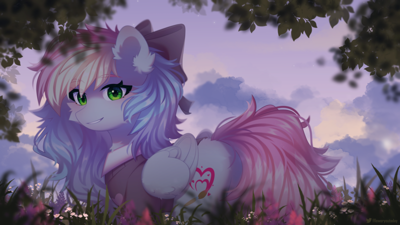 Size: 2809x1580 | Tagged: safe, artist:floweryoutoday, derpibooru import, oc, oc:blazey sketch, unofficial characters only, pegasus, pony, bow, clothes, detailed background, female, flower, flower field, forest, green eyes, grey fur, hair bow, image, long hair, looking at you, mare, multicolored hair, nature, pegasus oc, png, solo, sweater, tree, walking, wings