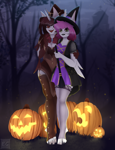 Size: 2669x3456 | Tagged: safe, artist:elektra-gertly, derpibooru import, oc, oc:ellie berryheart, oc:riiza tensely, unofficial characters only, anthro, pegasus, unicorn, autumn, black eyeshadow, broom, church, clothes, costume, duo, duo female, eyeshadow, female, fog, forest, friends, green eyes, halloween, halloween costume, hat, holiday, hug, image, lipstick, long ears, long eyelashes, looking at you, makeup, nature, night, png, pumpkin, red eyes, smiling, socks, sparks, stockings, thigh highs, tree, wings, witch, witch costume, witch hat