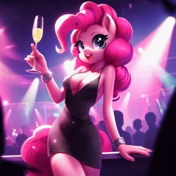Size: 1024x1024 | Tagged: safe, ai content, derpibooru import, machine learning generated, pinkie pie, anthro, earth pony, absolute cleavage, alcohol, black dress, breasts, busty pinkie pie, champagne, champagne glass, cleavage, clothes, dress, drink, female, g4, generator:bing image creator, generator:dall-e 3, image, jpeg, little black dress, looking at you, minidress, nightclub, sleeveless, smiling, smiling at you, wine