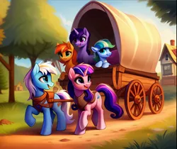 Size: 1712x1440 | Tagged: safe, ai content, derpibooru import, machine learning generated, oc, unofficial characters only, earth pony, pony, unicorn, dirt road, female, filly, foal, generator:easyfluff v11.2, grass, heterochromia, house, image, jpeg, looking sideways, male, mare, prompter:siber, pulling, smiling, stallion, talking, tree, wagon, walking