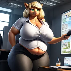 Size: 1024x1024 | Tagged: suggestive, ai content, derpibooru import, machine learning generated, stable diffusion, applejack, anthro, earth pony, applefat, belly button, big breasts, breasts, busty applejack, button-up shirt, chubby, cleavage, clothes, computer, derpibooru exclusive, fat, female, g4, huge breasts, image, mobile phone, muscles, office, pants, phone, png, prompter:professordoctorc, rolled up sleeves, shirt, solo, solo female, strong fat, tight clothing, wardrobe malfunction