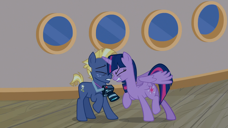 Size: 1920x1080 | Tagged: safe, derpibooru import, screencap, star tracker, twilight sparkle, twilight sparkle (alicorn), alicorn, earth pony, pony, once upon a zeppelin, camera, eyes closed, gritted teeth, image, png, teeth