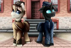 Size: 2560x1728 | Tagged: safe, artist:rainbowfire, derpibooru import, oc, changedling, changeling, pony, blue eyes, brick wall, clothes, complex background, confederate, confederate flag, fantasy class, form, friend, home, image, jpeg, military, military pony, military uniform, soldier, soldier pony, soldiers, uniform, war, warrior