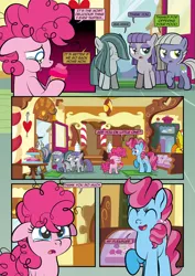 Size: 1920x2715 | Tagged: safe, artist:alexdti, derpibooru import, cup cake, igneous rock pie, limestone pie, marble pie, maud pie, pinkie pie, earth pony, pony, comic:how we met, cupcake, eating, female, filly, filly limestone pie, filly marble pie, filly maud pie, filly pinkie pie, food, image, jpeg, offscreen character, teary eyes, younger