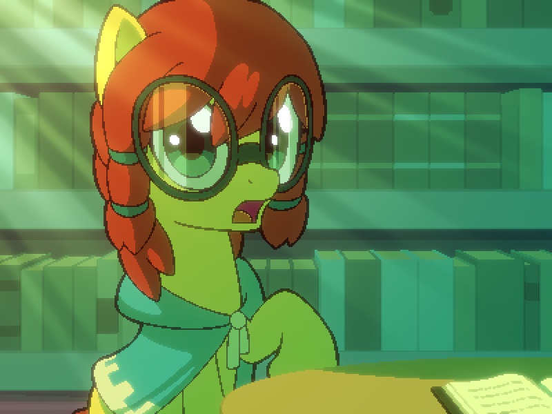 Size: 800x600 | Tagged: safe, artist:rangelost, derpibooru import, oc, oc:honourshine, unofficial characters only, earth pony, cyoa:d20 pony, book, bookshelf, cyoa, earth pony oc, first person view, glasses, image, library, looking at you, offscreen character, pixel art, png, pov, solo, story included, twilight's castle, twilight's castle library