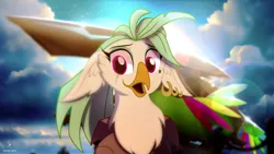 Size: 3840x2160 | Tagged: safe, artist:zidanemina, derpibooru import, captain celaeno, anthro, avian, bird, parrot, my little pony: the movie, alternate design, blue sky, cloud, image, lens flare, looking at you, ornithian, pirate, pirate ship, png, scar, smiling, solo, wallpaper
