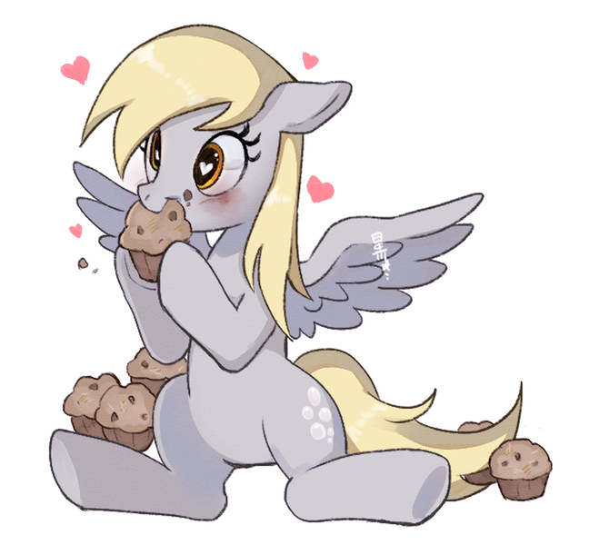 Size: 772x703 | Tagged: safe, artist:hosikawa, derpibooru import, derpy hooves, pegasus, pony, cute, derpabetes, eating, female, food, g4, heart, heart eyes, hoof hold, image, jpeg, mare, muffin, nom, simple background, sitting, solo, spread wings, that pony sure does love muffins, white background, wingding eyes, wings