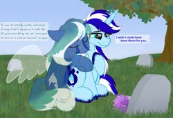 Size: 5255x3585 | Tagged: safe, artist:feather_bloom, derpibooru import, oc, oc:ice storm, oc:mist weaver, alicorn, ghost, ghost pony, pony, undead, unicorn, angelic wings, bittersweet, commission, detailed background, female, floating wings, flower, gravestone, image, mother and child, mother and daughter, png, text, tree, wings
