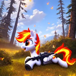 Size: 1024x1024 | Tagged: safe, ai content, derpibooru import, machine learning generated, stable diffusion, oc, oc:fiery lightning, butterfly, insect, pegasus, pony, forest, generator:easyfluff v11.2, gun, happy, image, lying down, nature, png, prompter:fierylightning, prone, tree, weapon