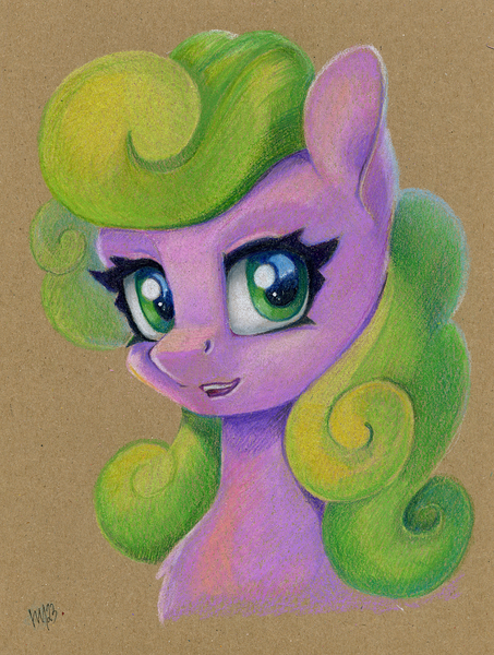 Size: 905x1200 | Tagged: safe, artist:maytee, derpibooru import, daisy, flower wishes, earth pony, pony, bust, colored pencil drawing, image, png, portrait, solo, toned paper, traditional art
