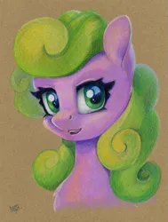 Size: 905x1200 | Tagged: safe, artist:maytee, derpibooru import, daisy, flower wishes, earth pony, pony, bust, colored pencil drawing, image, png, portrait, solo, toned paper, traditional art