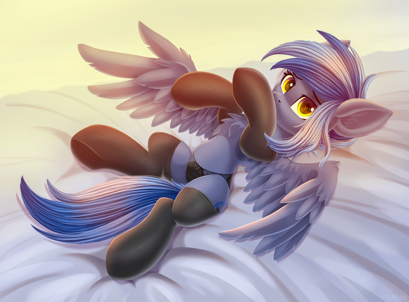 Size: 5000x3700 | Tagged: suggestive, artist:atlas-66, derpibooru import, oc, oc:pixi feather, unofficial characters only, pegasus, pony, bed, black panties, black underwear, chest fluff, clothes, cute, cutie mark, ear fluff, heart, heart eyes, image, laying on bed, looking at you, lying, lying down, on bed, panties, png, simple background, socks, solo, spread wings, stockings, thigh highs, underwear, wingding eyes, wings, yellow eyes