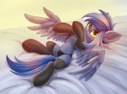 Size: 5000x3700 | Tagged: suggestive, artist:atlas-66, derpibooru import, oc, oc:pixi feather, unofficial characters only, pegasus, pony, bed, black panties, black underwear, chest fluff, clothes, cute, cutie mark, ear fluff, heart, heart eyes, image, laying on bed, looking at you, lying, lying down, on bed, panties, png, simple background, socks, solo, spread wings, stockings, thigh highs, underwear, wingding eyes, wings, yellow eyes