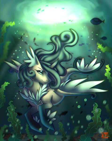 Size: 1280x1611 | Tagged: safe, artist:rail-of-light, derpibooru import, oc, unofficial characters only, fish, pony, seapony (g4), bubble, coral, crepuscular rays, digital art, dorsal fin, eyeshadow, female, fin, fin wings, fins, fish tail, flowing mane, flowing tail, g4, horn, image, jpeg, lidded eyes, logo, looking at you, makeup, mare, ocean, seapony oc, seaweed, signature, smiling, smiling at you, solo, spread wings, sunlight, swimming, tail, underwater, water, wings