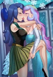 Size: 1422x2048 | Tagged: suggestive, artist:thebrokencog, derpibooru import, princess celestia, princess luna, human, anna, arm behind head, arms around neck, big breasts, breasts, cleavage, clothes, commission, costume, couple, drool, duo, duo female, elsa, eyes closed, eyeshadow, female, females only, french kiss, frozen (movie), hand on leg, humanized, image, incest, kissing, large butt, lesbian, makeup, party, png, raised leg, royal sisters, sexy, ship:princest, shipping, siblings, sinfully sexy, sisters, sloppy kissing, snow, snowfall, stupid sexy celestia, stupid sexy princess luna, sultry pose, tongue play, winter