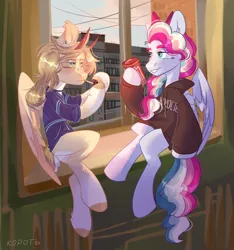 Size: 3000x3200 | Tagged: safe, artist:k0potb, derpibooru import, oc, oc:k0potb, oc:sky sorbet, unofficial characters only, pegasus, pony, background, blonde, blonde hair, blonde mane, blue eyes, bow, cigarette, city, clothes, cloud, drink, duo, duo female, energy drink, female, full body, hair bow, hoodie, horns, image, looking at something, monster energy, multicolored hair, multicolored mane, pegasus oc, piercing, png, roof, spread wings, window, wings