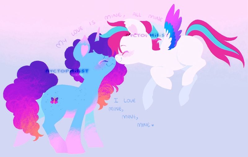 Size: 1838x1167 | Tagged: safe, artist:nyctophilist, derpibooru import, zipp storm, pegasus, unicorn, g5, my little pony: a new generation, my little pony: make your mark, my little pony: tell your tale, blue coat, blushing, cornrows, dawnstorm, derpibooru exclusive, duo, duo female, female, flying, happy, image, in love, jpeg, lesbian, lyrics, misty brightdawn, nose to nose, pink mane, purple mane, shipping, smiling, spread wings, text, white coat, wings