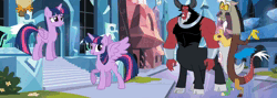 Size: 1600x570 | Tagged: safe, discord, lord tirek, owlowiscious, spike, twilight sparkle, alicorn, pony, 2016, action, angry, animated, female, glass of water, happy, image, male, mp4, sad
