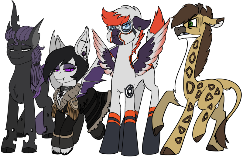 Size: 3268x2118 | Tagged: safe, artist:brainiac, derpibooru import, oc, oc:bishop, oc:ebony inks, oc:facsimile, oc:nighteyes, bat pony, changeling, giraffe, pegasus, pony, derpibooru community collaboration, 2024 community collab, changeling king, clothes, female, flight suit, image, male, mare, png, rubber, simple background, stallion, stretchy, transparent background