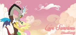 Size: 2064x952 | Tagged: safe, artist:not-yet-a-brony, artist:spottedlions, derpibooru import, discord, fluttershy, draconequus, pegasus, 2023, afterlife, all dogs go to heaven, bittersweet, cloud, duo, female, freddie jackson, friends, friendship, heartwarming, heaven, hug, image, irene cara, lyrics in the description, male, movie reference, november, platonic, png, reunion, song in the description, song reference, youtube link in the description