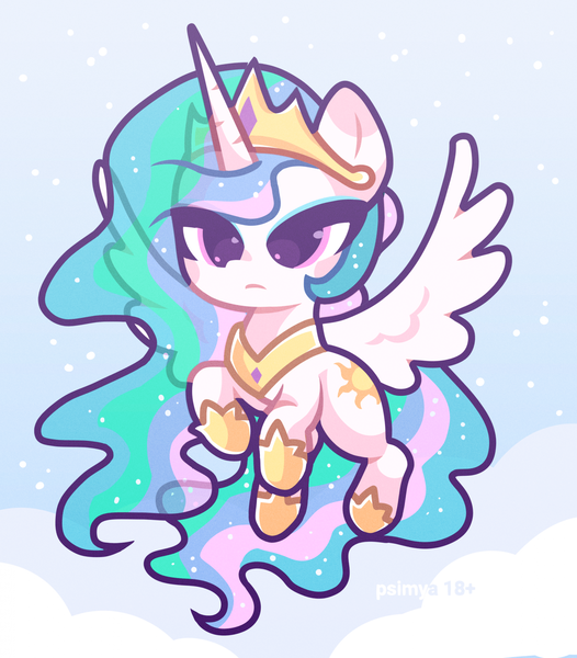 Size: 1797x2050 | Tagged: safe, artist:psimya, derpibooru import, princess celestia, alicorn, pony, chibi, cloud, crown, cute, female, flying, image, jewelry, png, regalia, solo