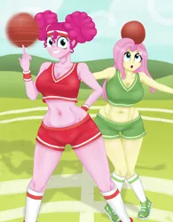 Size: 1280x1638 | Tagged: suggestive, artist:lennondash, derpibooru import, fluttershy, pinkie pie, human, equestria girls, 2d, ankles, ball, belly button, breasts, busty fluttershy, busty pinkie pie, cleavage, clothes, female, g4, hairclip, headband, image, jpeg, knee high socks, legs, looking at you, looking up, midriff, open mouth, outdoors, shirt, shoes, shorts, sleeveless, sleeveless shirt, smiling, smiling at you, socks, sports, sports outfit, stupid sexy fluttershy, stupid sexy pinkie, wrist cuffs