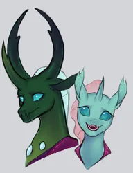 Size: 2183x2844 | Tagged: safe, artist:riveraux, derpibooru import, ocellus, thorax, changedling, changeling, alternate design, bust, duo, duo male and female, female, gray background, image, king thorax, looking at you, male, open mouth, open smile, png, simple background, smiling, smiling at you