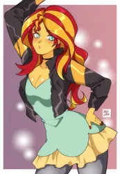 Size: 1494x2160 | Tagged: safe, artist:dezmi, derpibooru import, sunset shimmer, equestria girls, breasts, choker, cleavage, ear piercing, female, hand on hip, image, jpeg, looking at you, piercing, solo