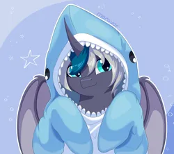 Size: 1800x1600 | Tagged: safe, artist:maravor, derpibooru import, oc, oc:elizabat stormfeather, unofficial characters only, alicorn, bat pony, bat pony alicorn, pony, shark, alicorn oc, bat pony oc, bat wings, blue background, clothes, commission, cute, female, hoodie, horn, image, mare, png, simple background, solo, wings, ych result