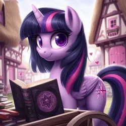 Size: 1024x1024 | Tagged: safe, ai content, machine learning generated, ponerpics import, ponybooru import, twilight sparkle, twilight sparkle (alicorn), alicorn, pony, alternate cutie mark, bing, book, cart, female, folded wings, heart, image, implied magic, jpeg, looking at you, mare, ponyville, smiling, smiling at you, spellbook, this will end in friendship, this will end in love and/or pain, wings