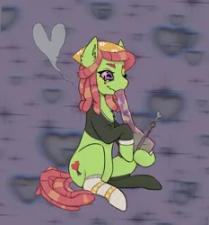 Size: 1867x2000 | Tagged: safe, artist:magpiegoblin, derpibooru import, tree hugger, earth pony, pony, bong, clothes, commission, drugs, ear fluff, female, heart, high, image, mare, marijuana, mismatched socks, png, shirt, sitting, smoke, smoking, socks, solo, striped socks, ych result