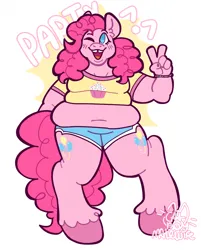 Size: 1031x1280 | Tagged: safe, artist:catponything, derpibooru import, pinkie pie, anthro, earth pony, pony, unguligrade anthro, bbw, belly button, both cutie marks, bracelet, fat, female, g4, image, jewelry, jpeg, mare, one eye closed, open mouth, open smile, peace sign, pudgy pie, raised hand, signature, smiling, solo, tooth gap, unshorn fetlocks, wink