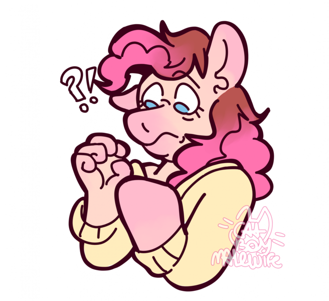 Size: 2007x1835 | Tagged: safe, artist:catponything, derpibooru import, pinkie pie, anthro, earth pony, human, bust, clothes, confused, exclamation point, female, g4, hooves, image, interrobang, looking down, png, question mark, shirt, simple background, solo, surprised, transformation, white background