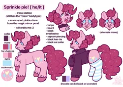 Size: 1280x899 | Tagged: safe, artist:catponything, derpibooru import, pinkie pie, oc, oc:sprinkle pie, earth pony, pony, bell, bell collar, clone, clothes, collar, eyeshadow, facial hair, fangs, food, goatee, hoodie, image, jpeg, makeup, male, nose piercing, open mouth, open smile, piercing, pinkie clone, ponysona, raised hoof, reference sheet, septum piercing, smiling, socks, solo, sprinkles, stallion, striped socks, tail, tongue out, trans male, transgender, unshorn fetlocks