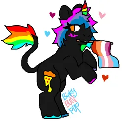 Size: 610x614 | Tagged: safe, artist:jackrabbit, derpibooru import, oc, oc:piza blitz, unofficial characters only, unicorn, blushing, cutie mark, feral, food, image, lesbian pride flag, multicolored hair, pizza, png, pride, pride flag, pride ponies, rainbow, signature, solo, transgender, transgender oc, transgender pride flag