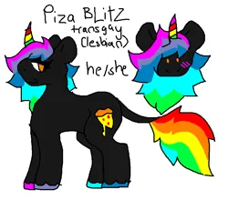 Size: 857x754 | Tagged: safe, artist:jackrabbit, derpibooru import, oc, oc:piza blitz, unofficial characters only, unicorn, cutie mark, feral, food, hooves, image, name, pizza, png, pronouns, rainbow, solo transgender, tail, transgender, transwoman