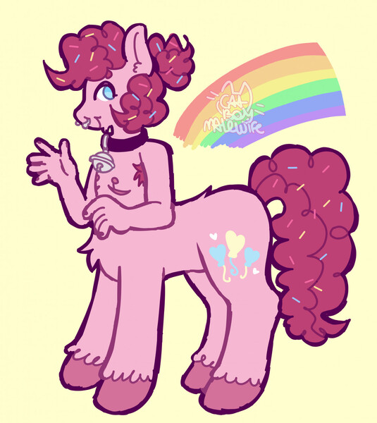 Size: 1142x1280 | Tagged: safe, artist:catponything, derpibooru import, pinkie pie, oc, oc:sprinkle pie, centaur, earth pony, pony, taur, armpit hair, bell, bell collar, clone, collar, food, image, jpeg, kinsona, looking at you, male, nipples, nose piercing, nudity, piercing, pinkie clone, rainbow, raised hand, scar, septum piercing, signature, smiling, solo, sprinkles, stallion, surgery scar, tail, top scars, trans male, transgender, unshorn fetlocks, waving, waving at you