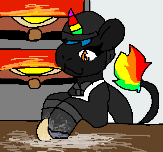Size: 528x490 | Tagged: safe, artist:jackrabbit, derpibooru import, oc, oc:piza blitz, pony, background, clothes, cooking, dough, eyelashes, feral, food, gloves, image, kneading, oven, pizza, pizza oven, png, smiling, solo, solo transgender, transwoman