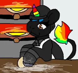 Size: 528x490 | Tagged: safe, artist:jackrabbit, derpibooru import, oc, oc:piza blitz, pony, background, clothes, cooking, dough, eyelashes, feral, food, gloves, image, kneading, oven, pizza, pizza oven, png, smiling, solo, solo transgender, transwoman