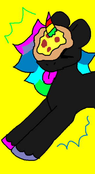 Size: 406x742 | Tagged: safe, artist:jackrabbit, derpibooru import, oc, oc:piza blitz, pony, unicorn, :p, feral, food, hooves, image, ms paint, pizza, png, rainbow, simple background, tongue out, yellow background