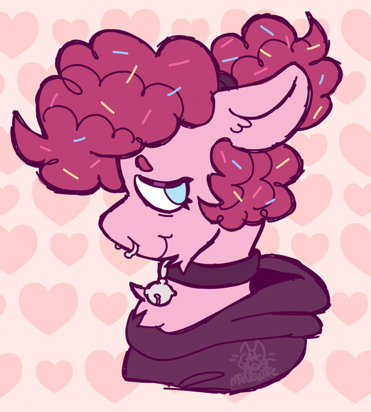 Size: 1151x1280 | Tagged: safe, artist:catponything, derpibooru import, pinkie pie, oc, oc:sprinkle pie, earth pony, pony, bell, bell collar, bust, chest fluff, clone, collar, floppy ears, food, heart, heart background, image, jpeg, kinsona, looking back, male, nose piercing, piercing, pinkie clone, portrait, self portrait, septum piercing, sketch, smiling, solo, sprinkles, stallion, trans male, transgender