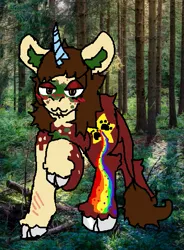 Size: 467x634 | Tagged: safe, artist:jackrabbit, derpibooru import, oc, unofficial characters only, unicorn, blushing, cutie mark, feral, forest, hooves, image, nature, paw pads, png, rainbow, real life background, scar, tree, walking