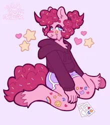 Size: 1122x1280 | Tagged: safe, artist:catponything, derpibooru import, pinkie pie, oc, oc:sprinkle pie, anthro, earth pony, pony, unguligrade anthro, bandaid, bandaid on nose, chest fluff, clone, clothes, eyeshadow, facial hair, floating heart, food, goatee, heart, hoodie, image, jpeg, kinsona, lidded eyes, looking at you, makeup, male, nose piercing, piercing, pinkie clone, septum piercing, shorts, signature, simple background, sitting, smiling, smiling at you, solo, sprinkles, stallion, stars, tail, trans male, transgender