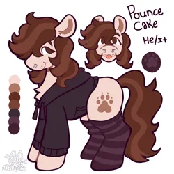 Size: 1280x1280 | Tagged: safe, alternate version, artist:catponything, derpibooru import, oc, oc:pounce, unofficial characters only, earth pony, pony, chest fluff, clothes, hoodie, image, jpeg, male, nose piercing, paw socks, piercing, ponysona, reference sheet, septum piercing, smiling, socks, stallion, striped socks, tail, tongue out, trans male, transgender