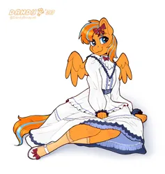 Size: 2719x2866 | Tagged: safe, artist:dandy, derpibooru import, oc, oc:cold front, unofficial characters only, anthro, pegasus, unguligrade anthro, blushing, bow, clothes, commission, crossdressing, dress, ear fluff, image, lolita fashion, looking at you, male, pegasus oc, png, shoes, simple background, sitting, socks, solo, white background, wings