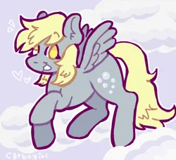 Size: 1280x1166 | Tagged: safe, artist:catponything, derpibooru import, derpy hooves, pegasus, pony, cloud, female, floating heart, g4, heart, image, jpeg, mare, on a cloud, open mouth, open smile, signature, sky, smiling, solo, spread wings, tail, wings