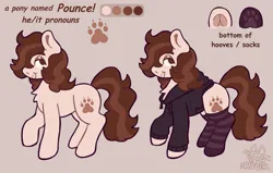 Size: 2403x1533 | Tagged: safe, artist:catponything, derpibooru import, oc, oc:pounce, unofficial characters only, earth pony, pony, chest fluff, clothes, hoodie, image, lidded eyes, male, nose piercing, paw socks, piercing, png, ponysona, raised hoof, reference sheet, septum piercing, socks, solo, stallion, striped socks, tail, trans male, transgender, underhoof