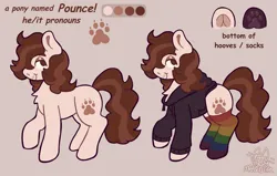Size: 2403x1533 | Tagged: safe, alternate version, artist:catponything, derpibooru import, oc, oc:pounce, unofficial characters only, earth pony, pony, chest fluff, clothes, hoodie, image, lidded eyes, male, nose piercing, paw socks, piercing, png, ponysona, rainbow socks, raised hoof, reference sheet, septum piercing, socks, solo, stallion, striped socks, tail, trans male, transgender, underhoof